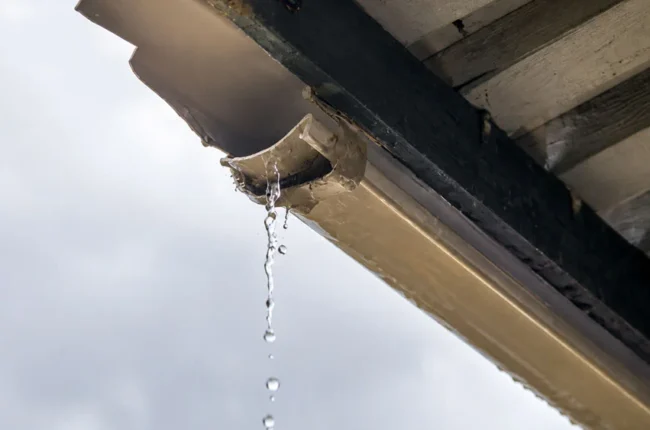 Water overflowing from residential gutters during heavy rain