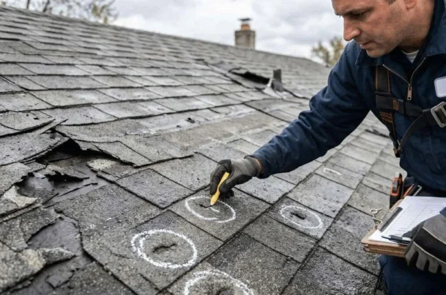 hailstorm roof damage on residential home
